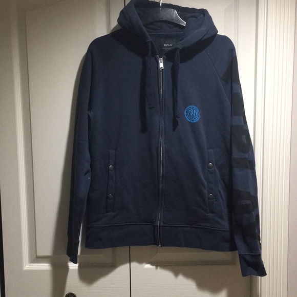 REPLAY men’s Navy Blue Cotton Hoodie Jacket Size L